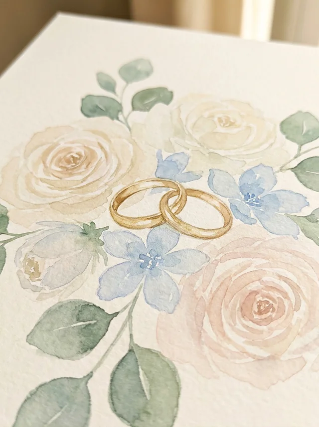 Watercolor painting of two golden wedding rings on roses